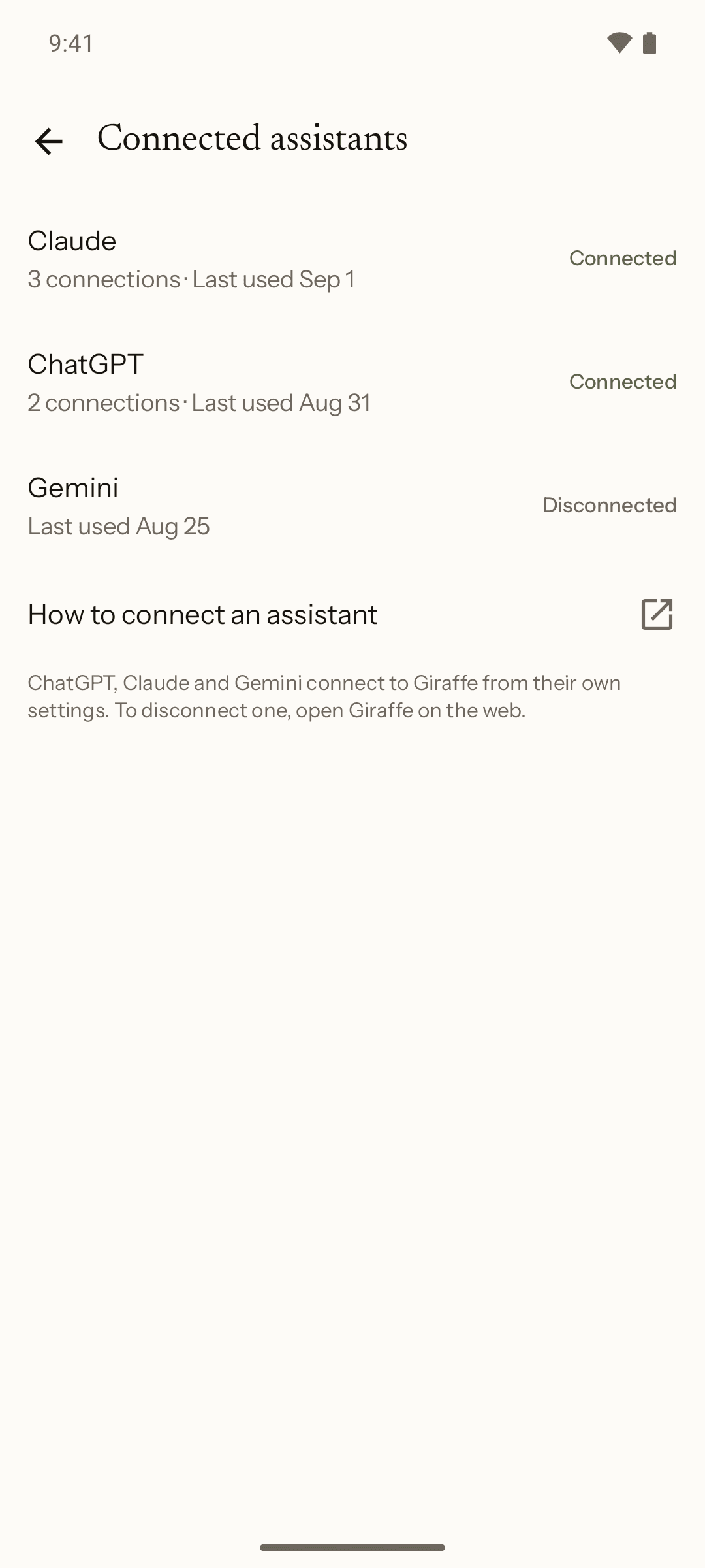 Giraffe on Android: Connected assistants, listing Claude, ChatGPT and Gemini