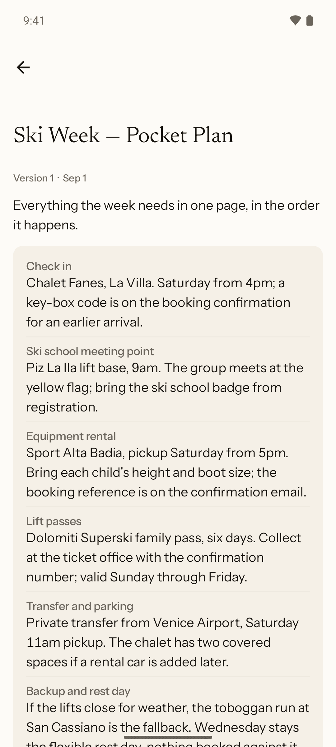 Giraffe on Android: Ski Week — Pocket Plan open at version 1, with check-in, the ski school meeting point and equipment rental