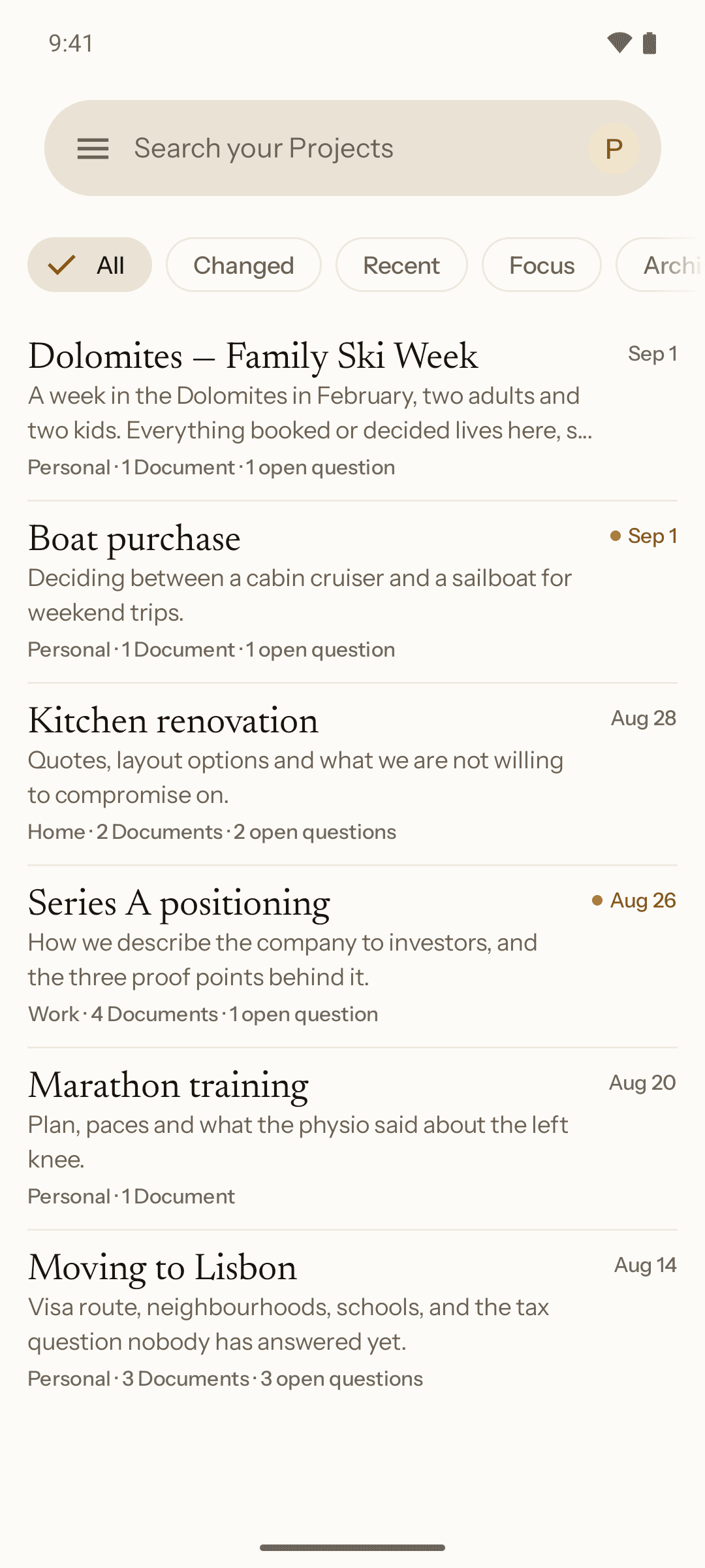 Giraffe on Android: the project list, with Dolomites — Family Ski Week above Boat purchase, Kitchen renovation, Series A positioning and Marathon training