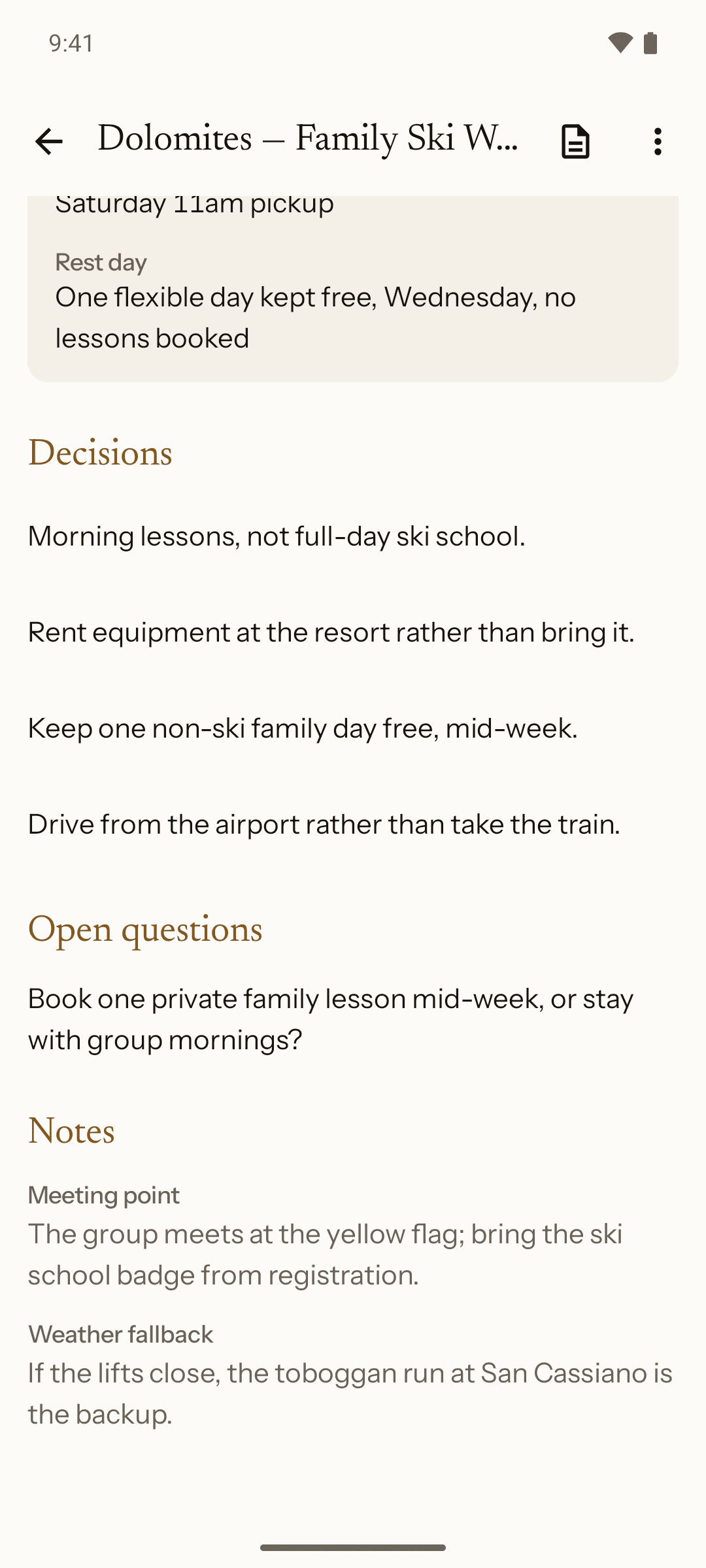 Giraffe on Android: the same project scrolled to its four Decisions, its one open question and its Notes