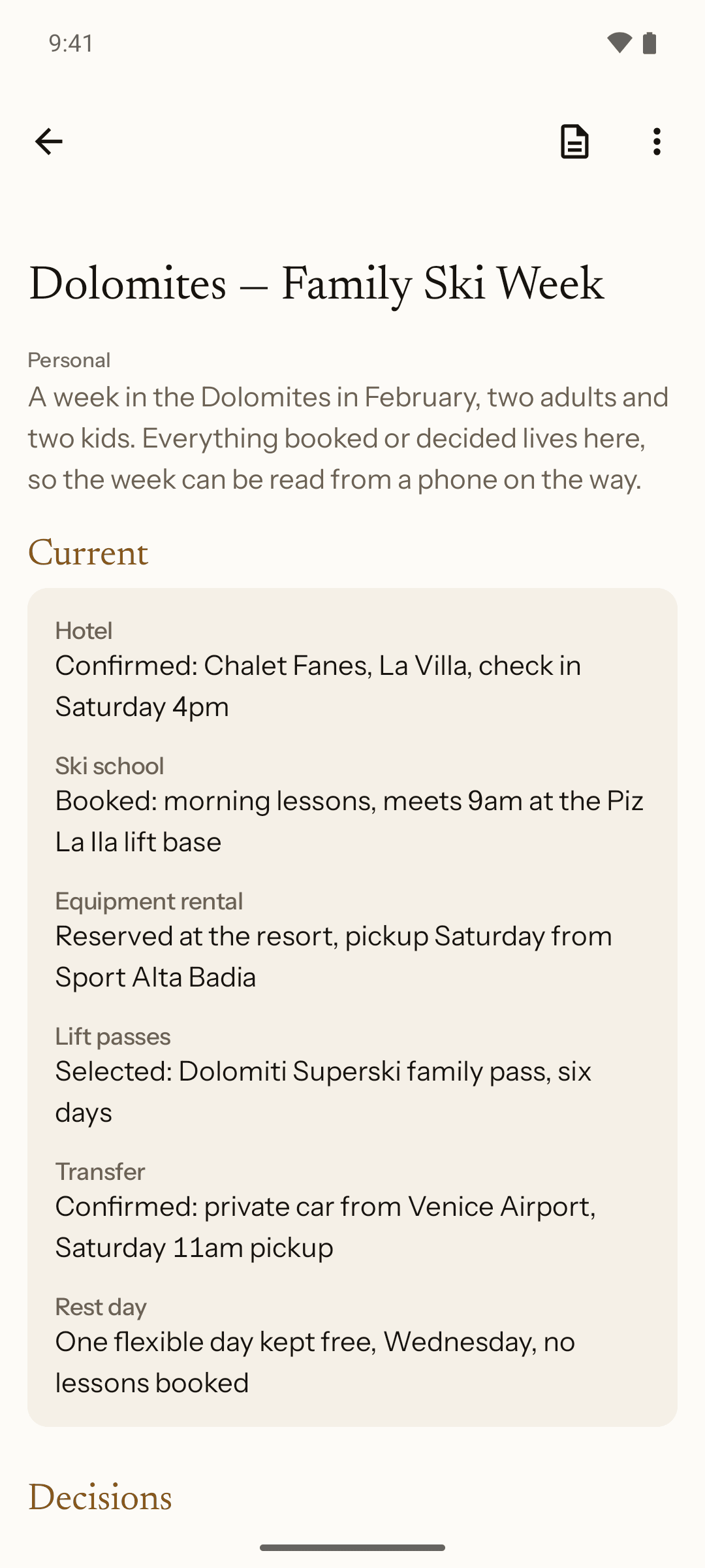 Giraffe on Android: the Dolomites — Family Ski Week project, open at its six Current facts