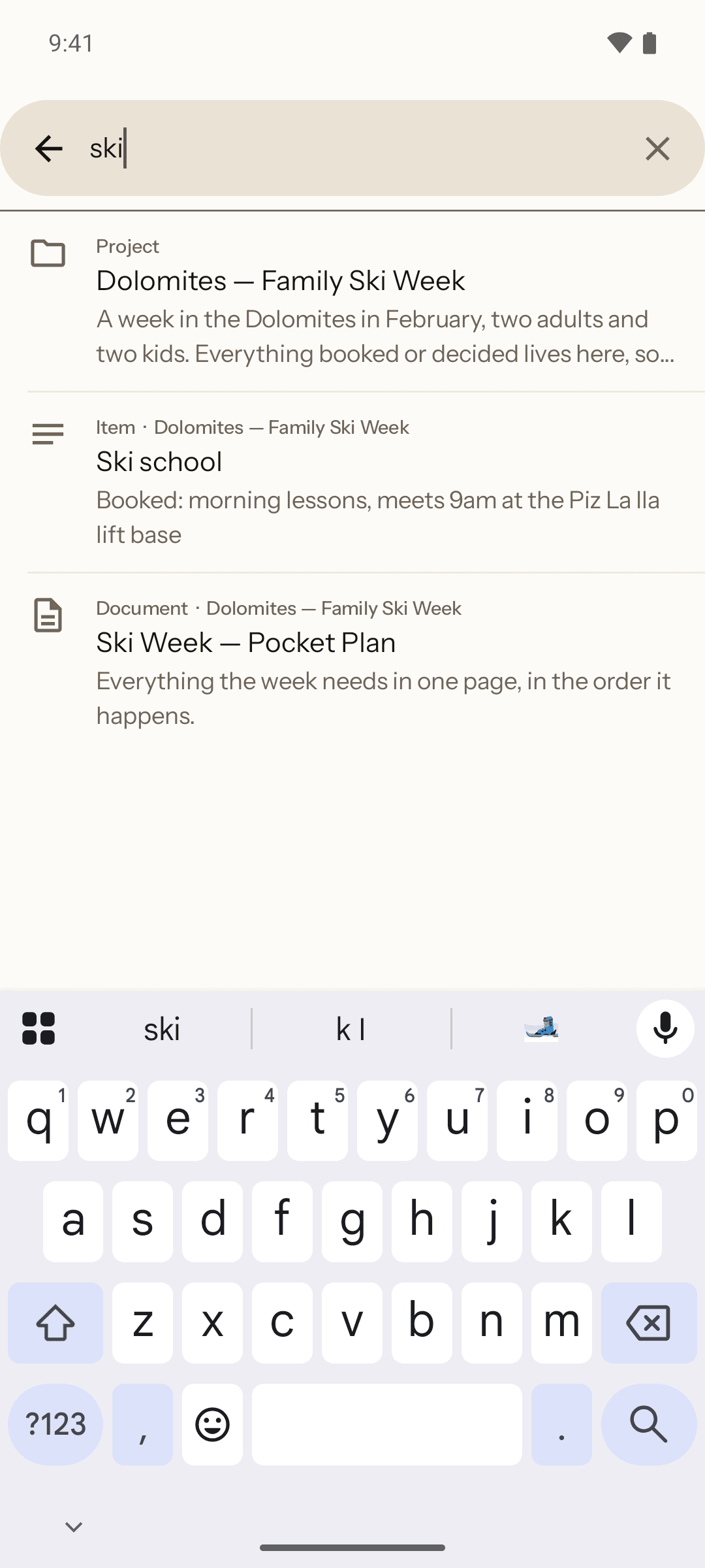 Giraffe on Android: searching for ski, returning the project, the Ski school fact inside it, and the Pocket Plan document