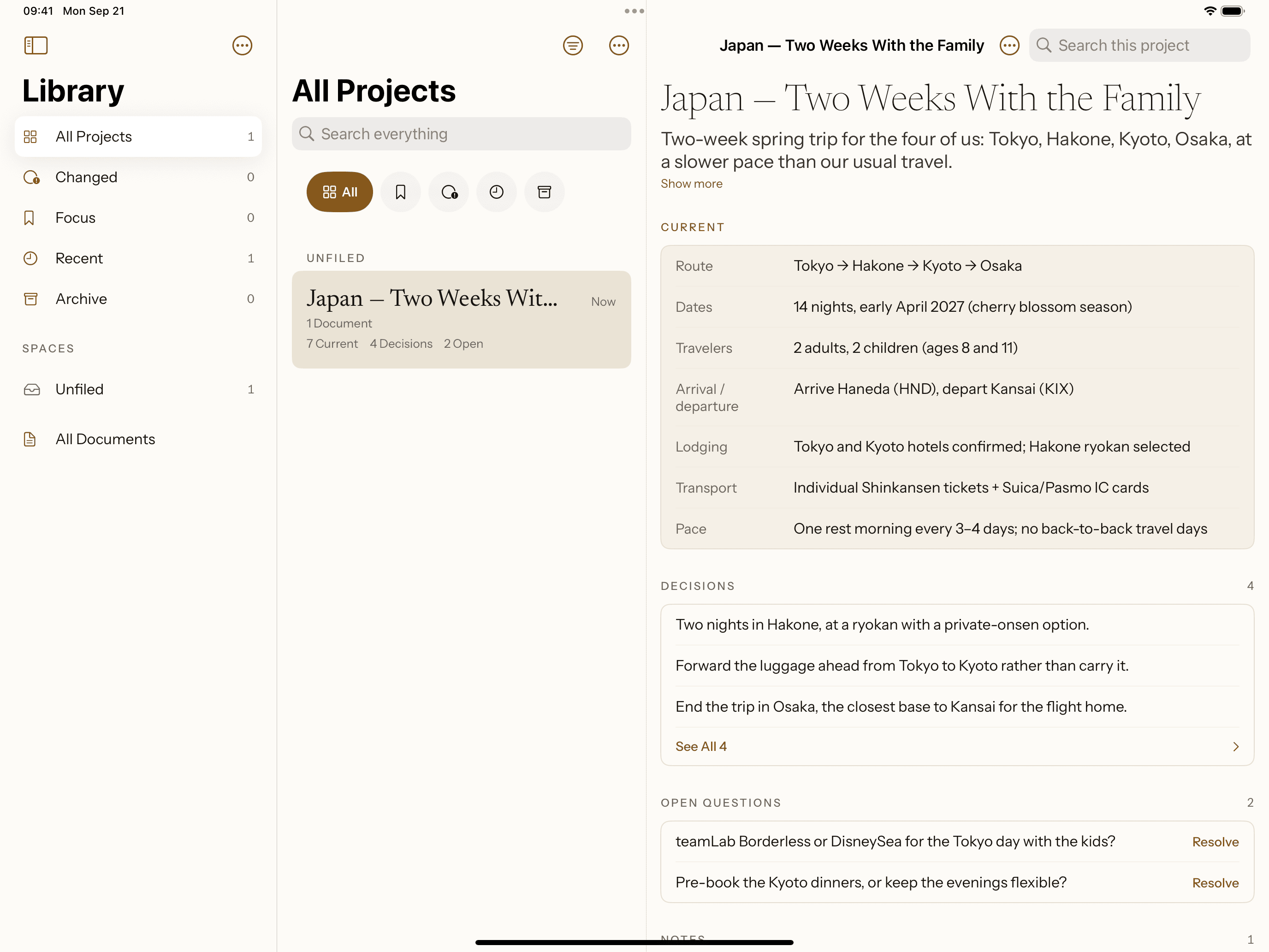 Giraffe on iPad — three-column layout