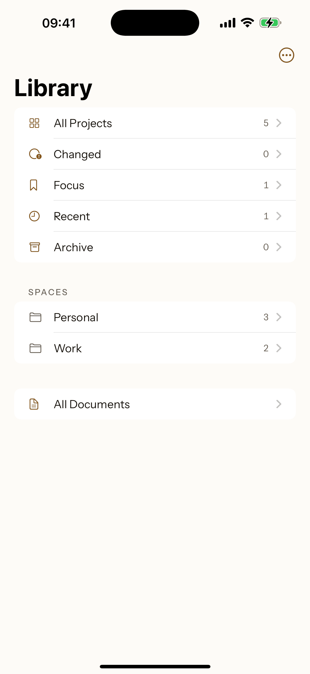 Giraffe on iPhone, the Library screen: All Projects, Changed, Focus, Recent and Archive, then the Personal and Work Spaces, then All Documents. Simulator capture of the account this page describes, with the ski week in Focus.