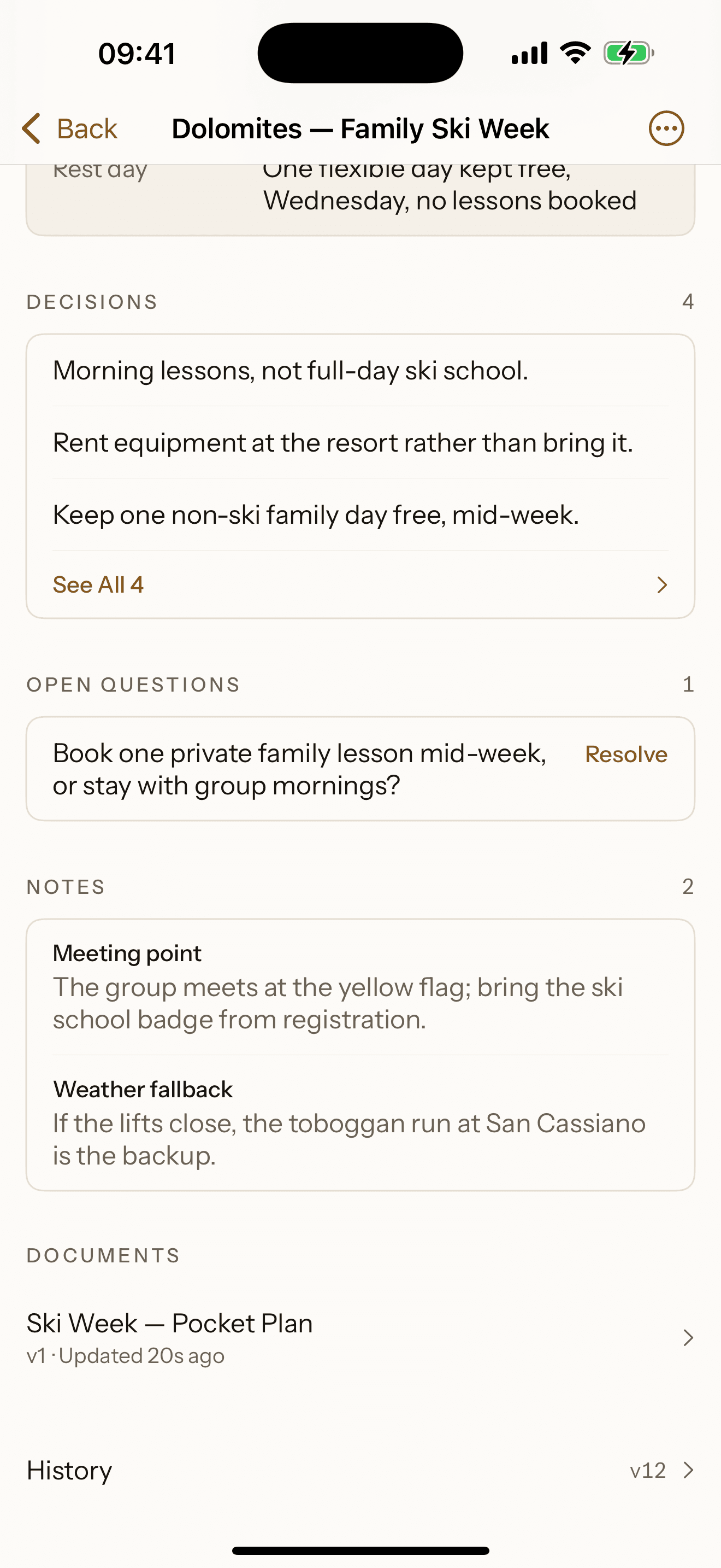 Giraffe on iPhone, the lower half of the Dolomites project: the open question with its Resolve control, the Notes, the Ski Week Pocket Plan under Documents, and History at version 12. Simulator capture of the example project this page describes.
