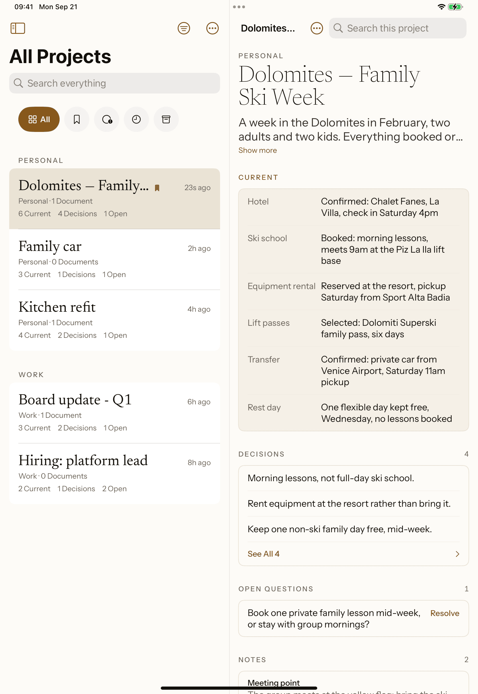 Giraffe on iPad, held upright: the All Projects list beside the Dolomites project, open to its six Current rows, four Decisions, the open question and its Notes. Simulator capture of the example project this page describes.