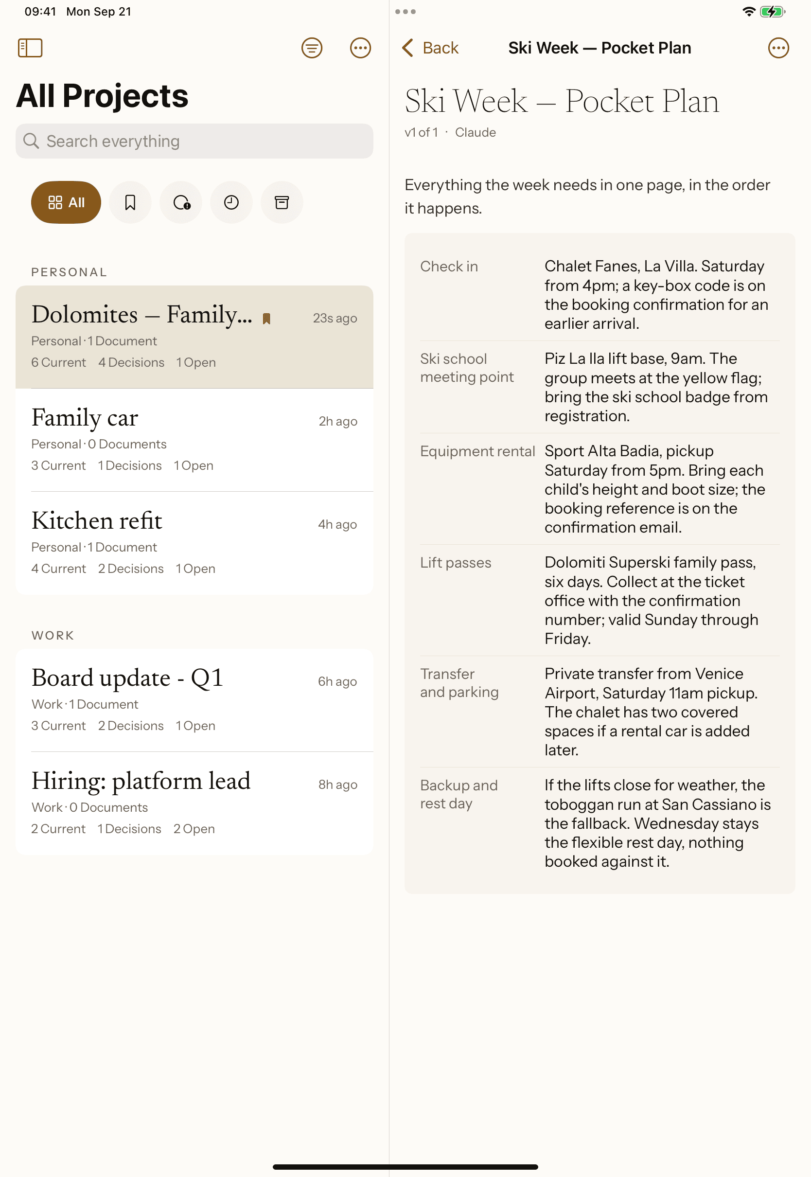 Giraffe on iPad, held upright: the All Projects list beside the open Ski Week Pocket Plan, version 1 of 1, written by Claude, with its check-in, ski school meeting point, equipment rental, lift passes, transfer and backup rows. Simulator capture of the example project this page describes.