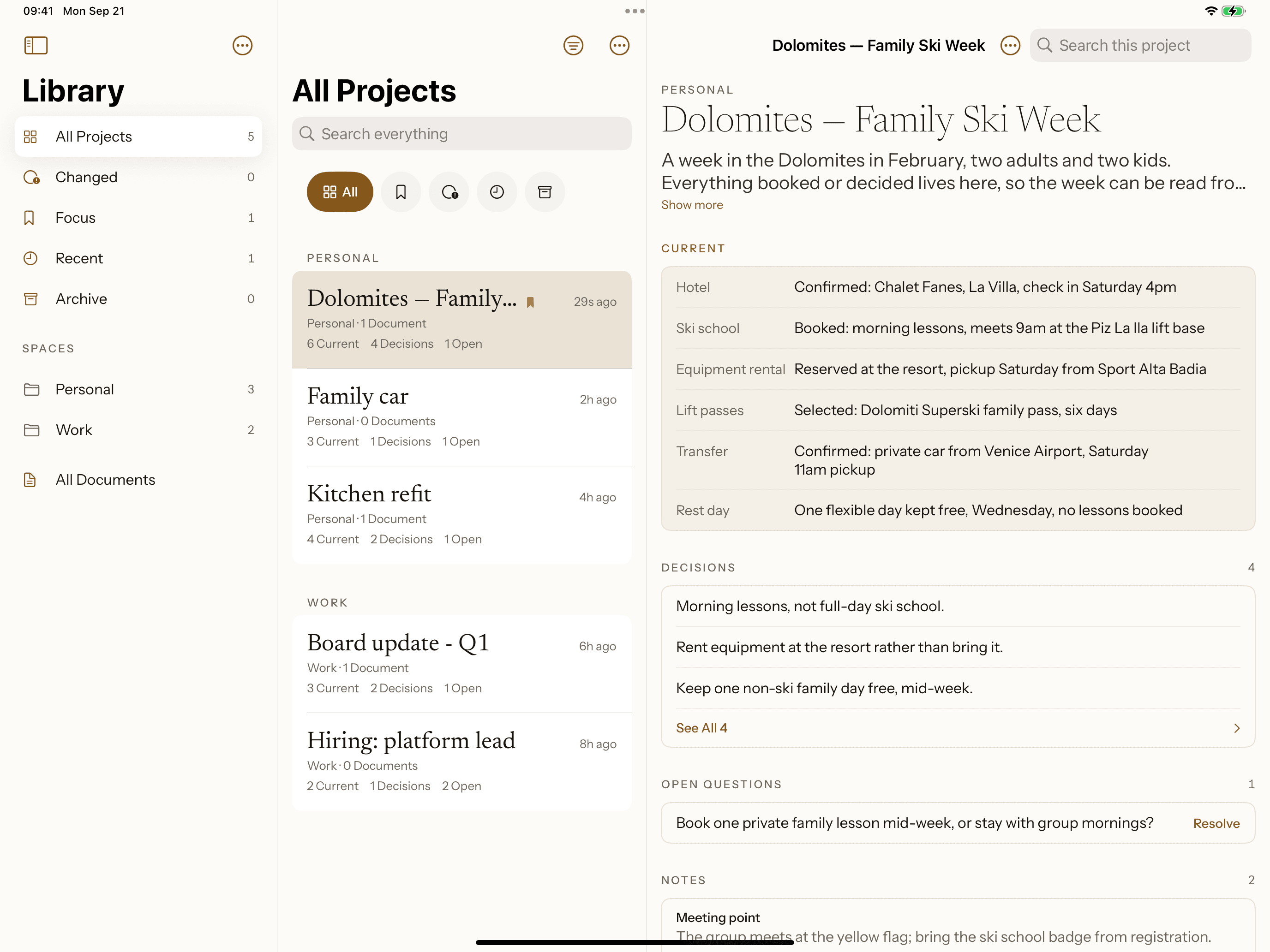 Giraffe on a 13-inch iPad in landscape: Library on the left, All Projects in the middle with the Dolomites project selected, and that project on the right with its six Current rows, four Decisions, the open question and its Notes. Simulator capture of the example project this page describes.