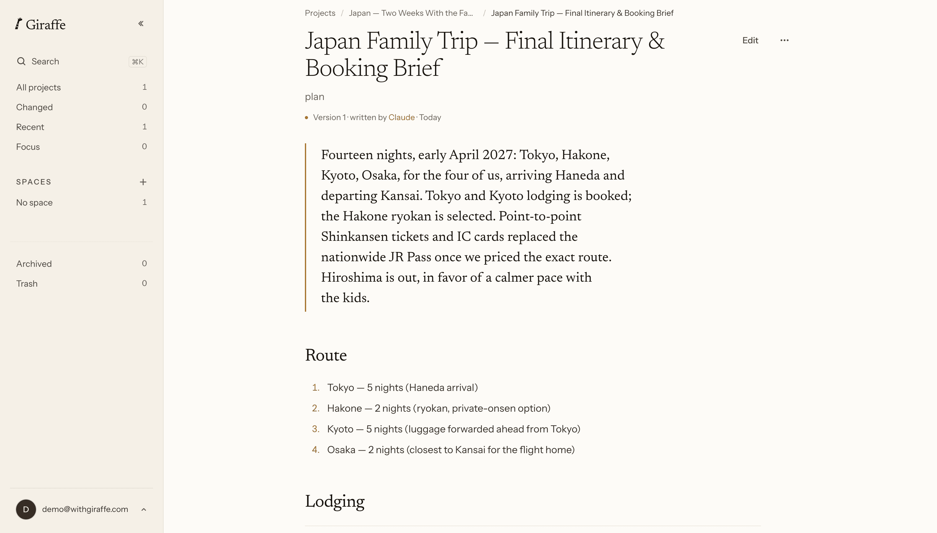 The Japan Family Trip — Final Itinerary & Booking Brief document open in Giraffe on the web: a masthead reading plan, Version 1, written by Claude, today, a summary, and a numbered Route section listing Tokyo, Hakone, Kyoto and Osaka with night counts