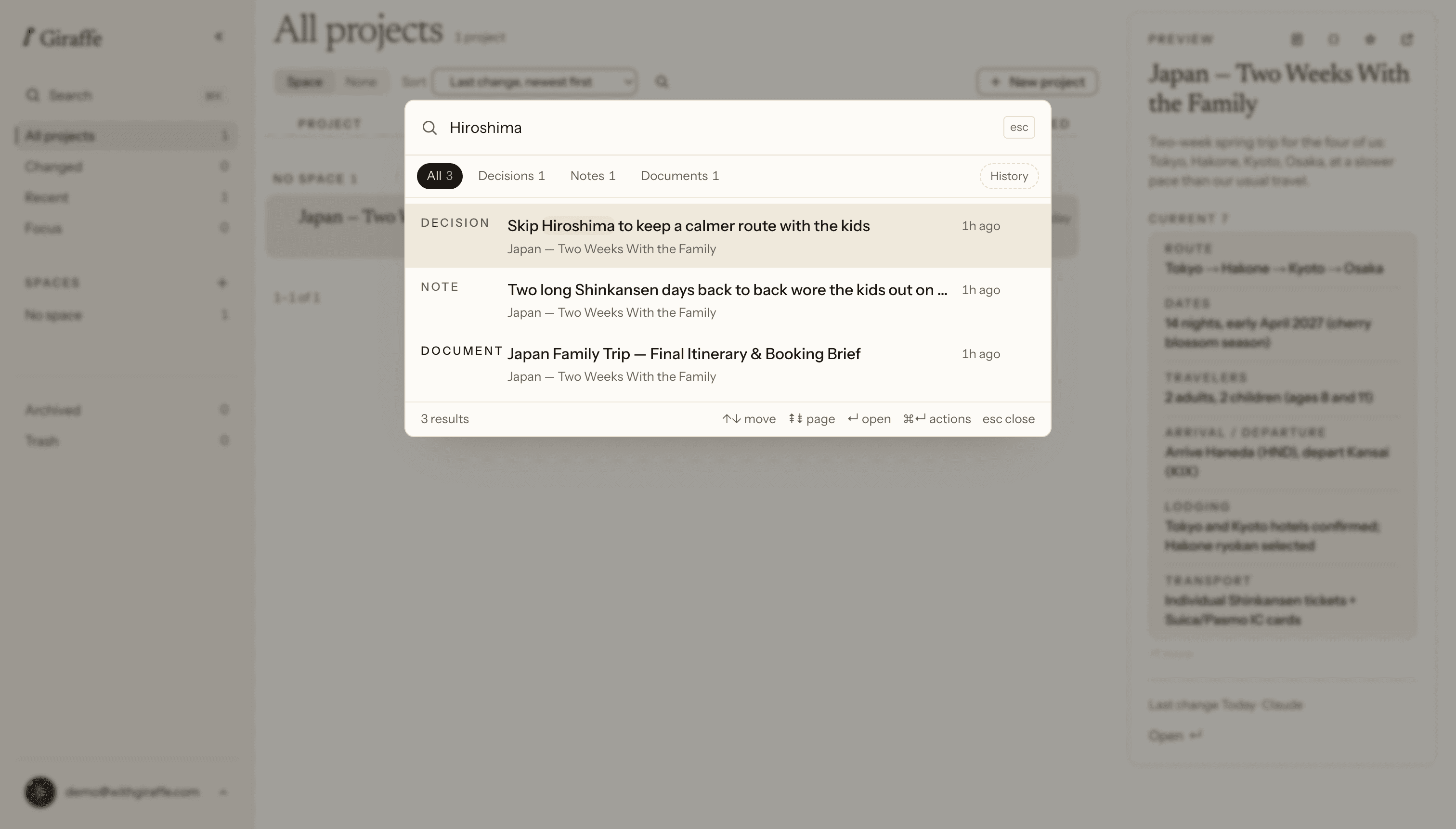 A search overlay in Giraffe on the web, opened over the All projects list. Typing 'Hiroshima' returns three results (a decision, a note, and a document), each labeled with the project it belongs to.